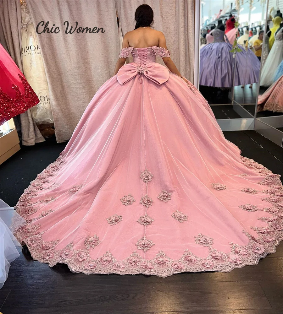 Романтические Розовые Платья с цветочным рисунком для Quinceanera 2023, бальное платье с открытыми плечами и бисером, милое платье на день рождения 15, корсет, женский