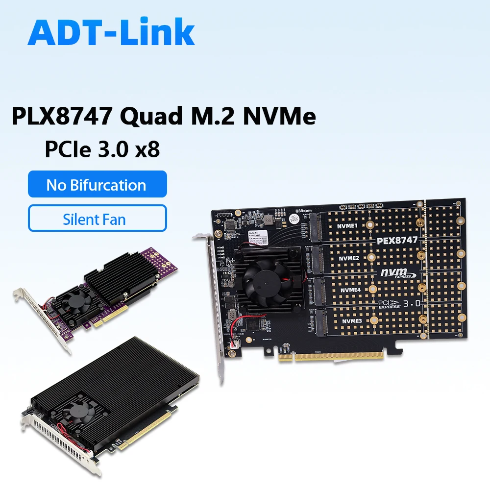 PLX8747 Quad M.2 NVMe PCIe 3.0 X8 Expansion Card, No Bifurcation Required, Silent Fan, Support 2242 2280 22110 M.2 NVMe SSD