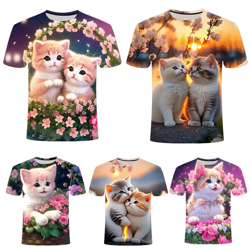 Fashion 3D Animal Men's T-shirt Cute Little Kitten Graphics Print Short Sleeve Tops Y2k Casual O-Neck Men/Women Streetwear Tees