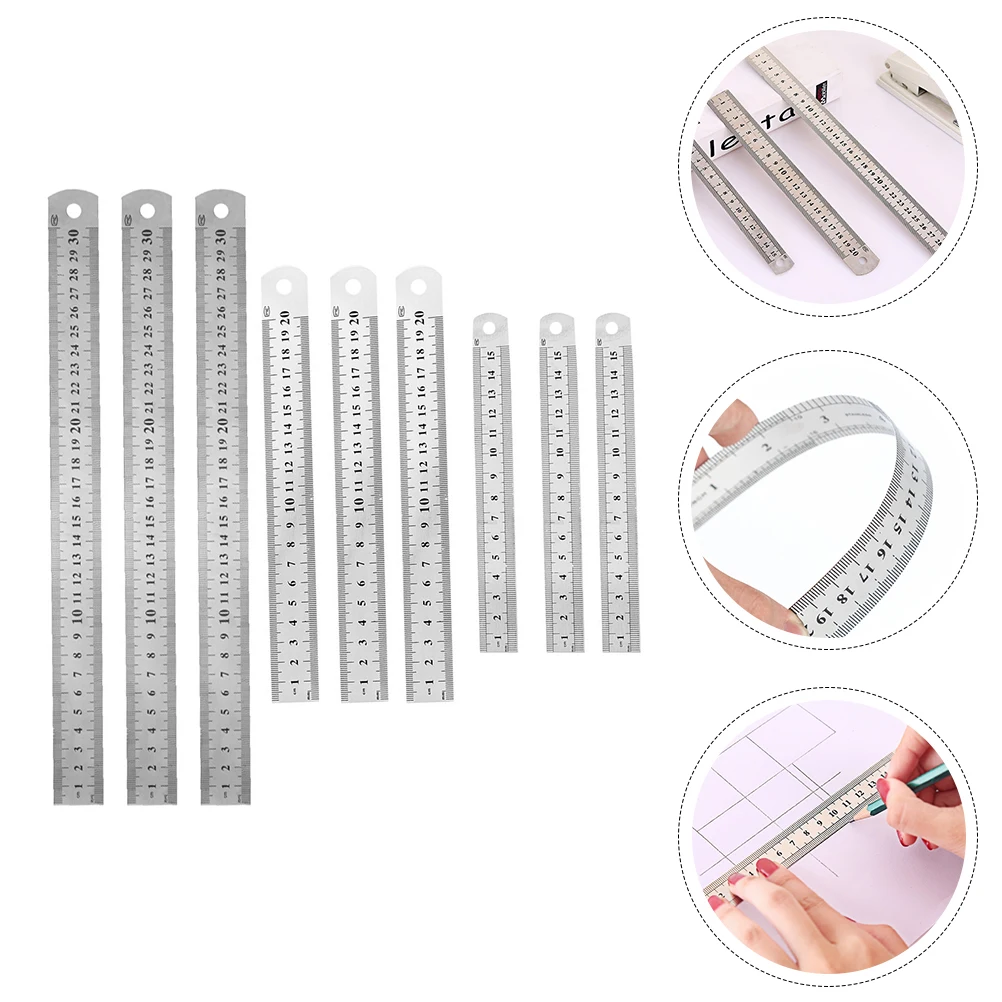 9pcs Stainless Steel Ruler Short Scale Measuring Tool Metal Straight Office Student Stationery Math Class School Supplies