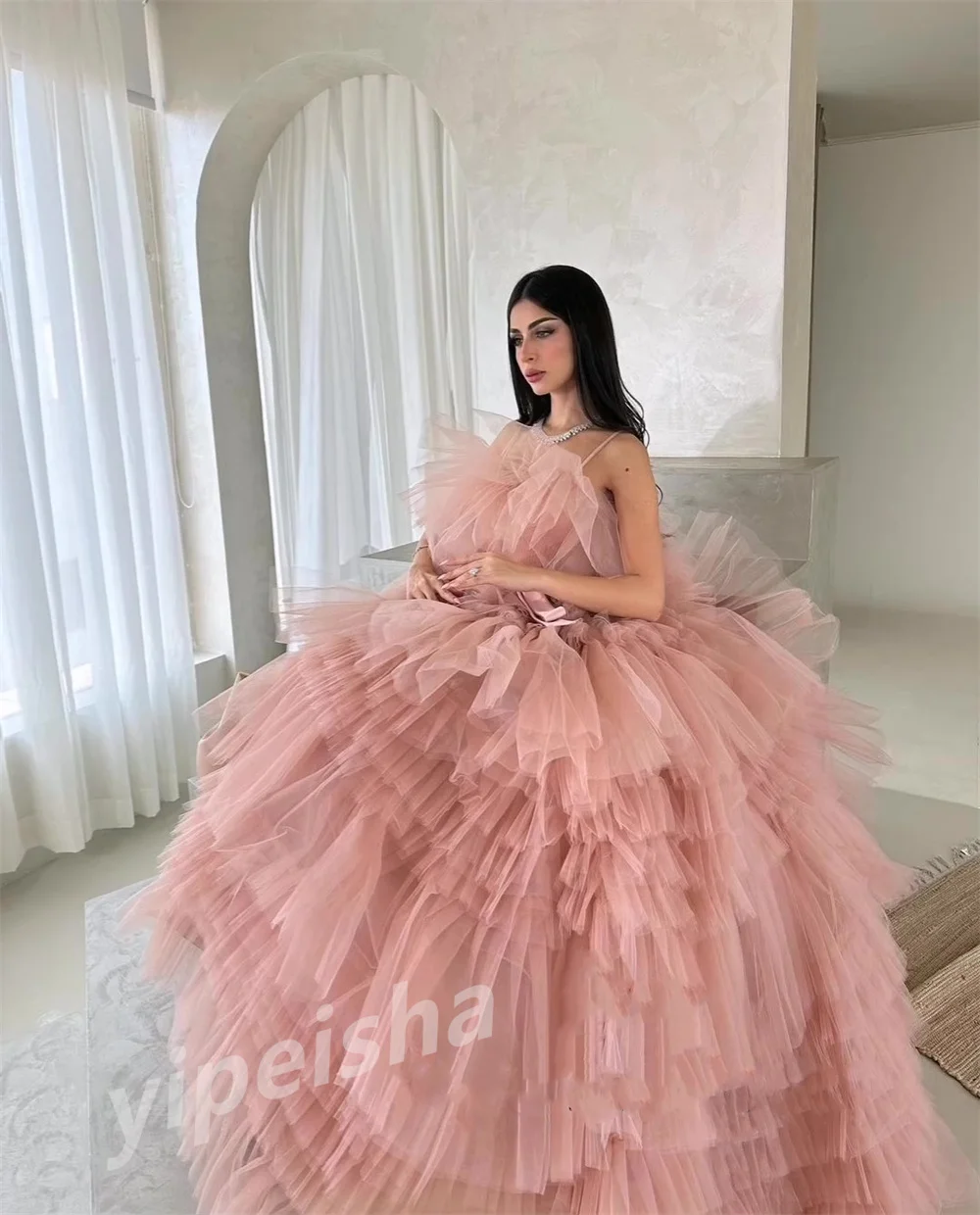 Retro Strapless Baljurk Vegen/Borstel Quinceanera Jurk Strikken Gelaagd Net/Tule Formele Gelegenheid فساتين السهرةفستان سهره سهره