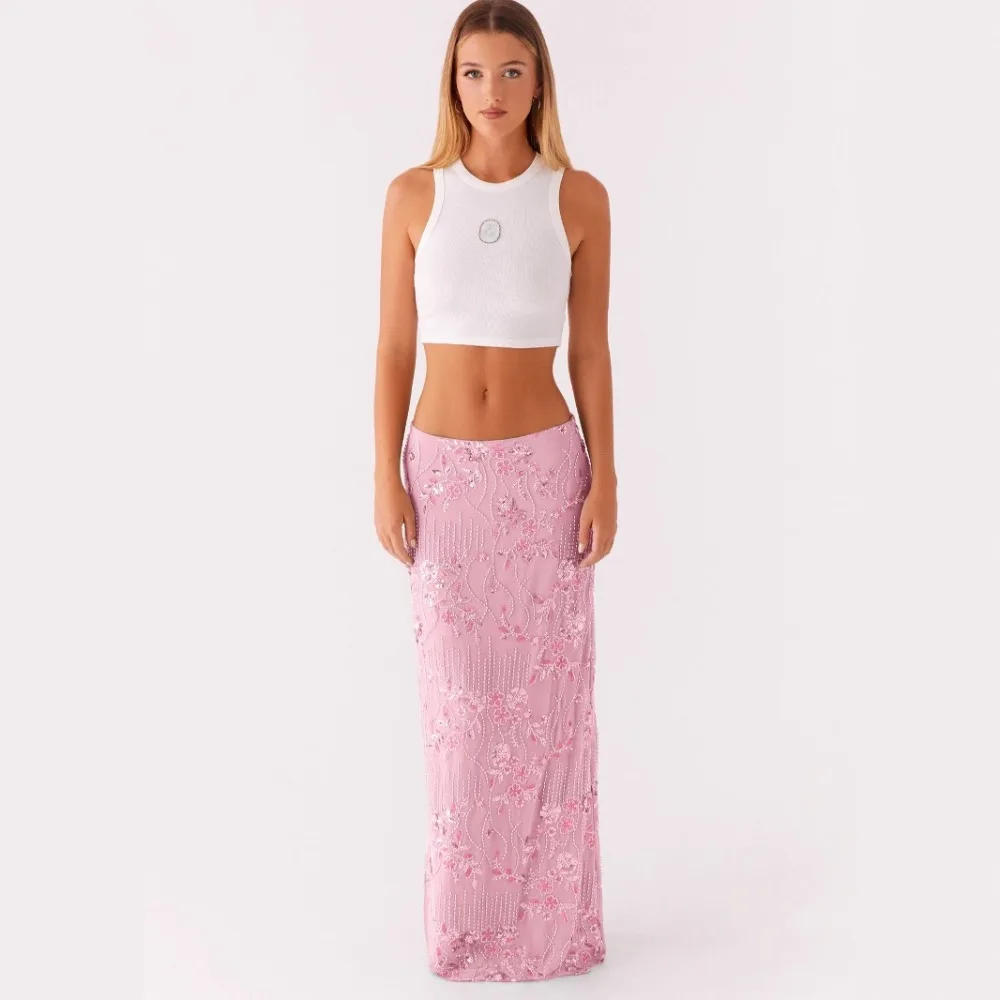 Women Y2k Sequin Long Skirt Sparkly Beaded Floral Maxi Skirt Rhinestone Glitter Midi Skirt Streetwear Party Clubwear
