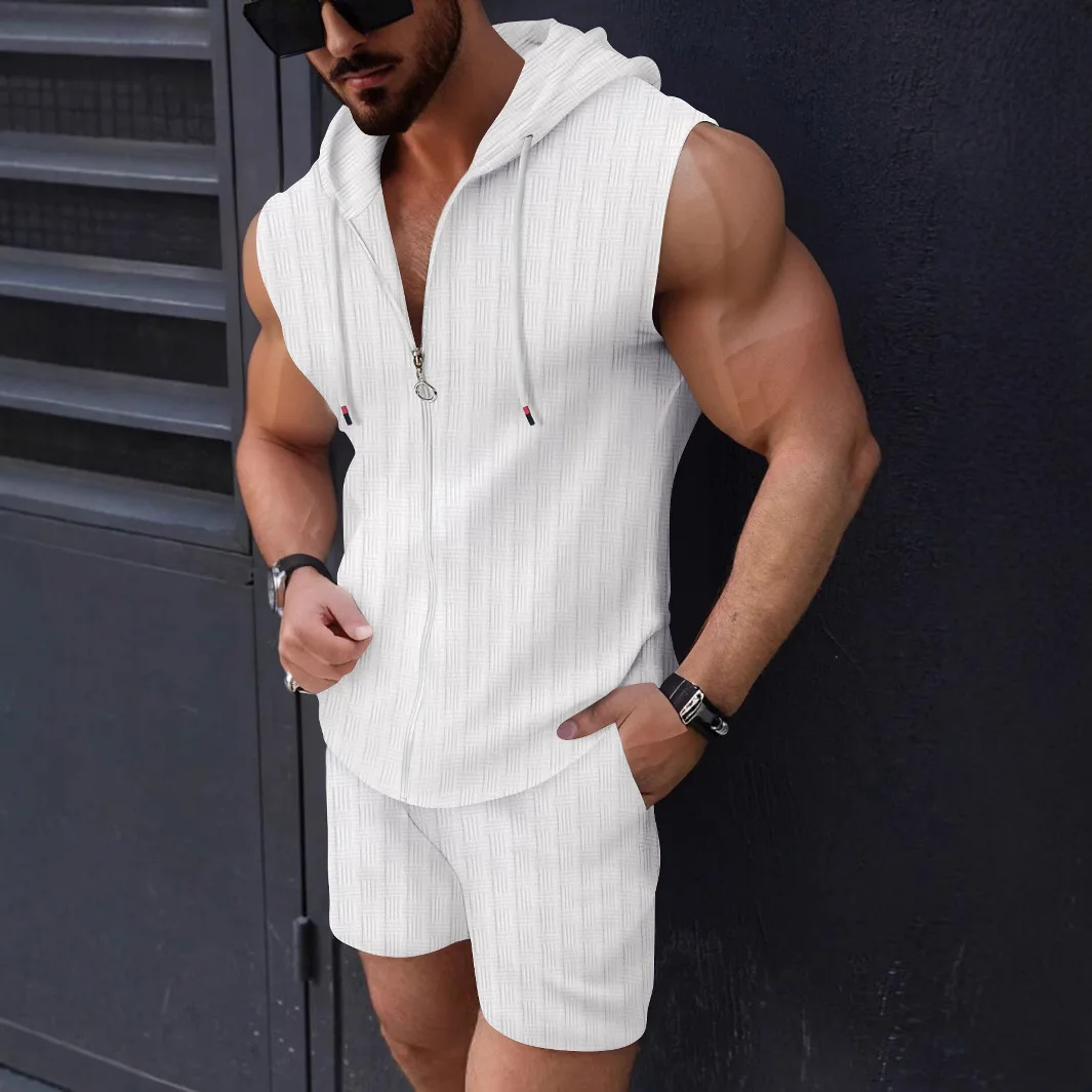 

2026 Summer New Men's Hoodie Suit Fashion Zipup T-shirt jacquard Sleeveless Vest Shorts 2 Piece Set Hawaii Men's Sunscreen Set