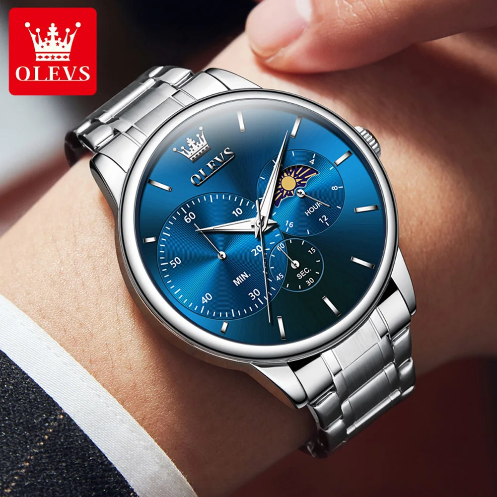 OLEVS 2936 Chronograph Quartz Watch For Men Moon Phase Original Hand Clock Top Brand Fashion Waterproof Stainless Steel Watches