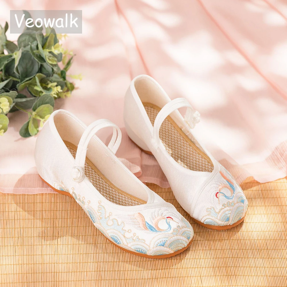 Veowalk Newly Women Cotton Fabric Crane Embroidered Ballet Flats Retro Ladies Casual Mary Jane  Comfortable Walking Shoes