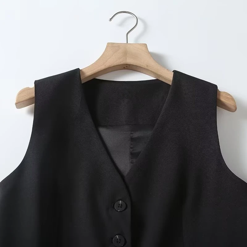 Verwelkte französische Retro Damen Anzug Weste Frauen schwarze Farbe einreihige Weste mit hoher Taille ärmelloses Top