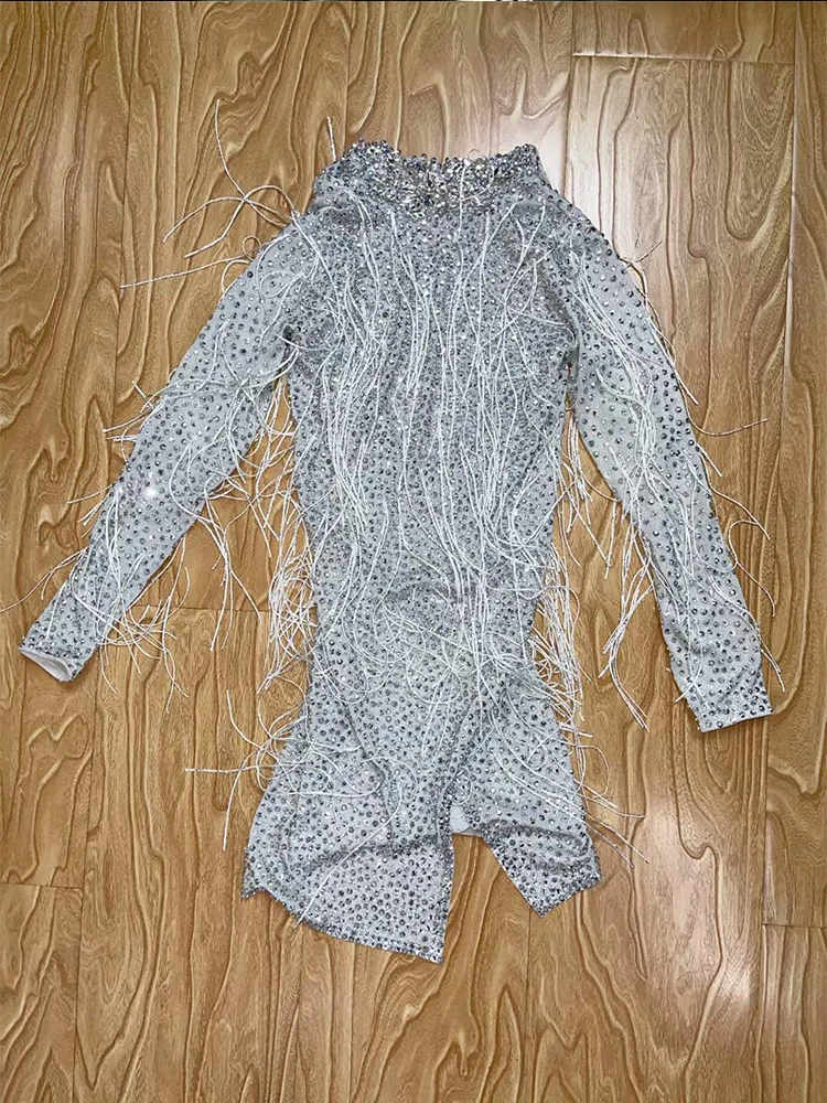 실버 라인 석 프린지 드레스 탄성 Wap 엉덩이 섹시한 짧은 드레스 나이트 클럽 댄스 의상 여성 고고 가수 이브닝 드레스 yj035