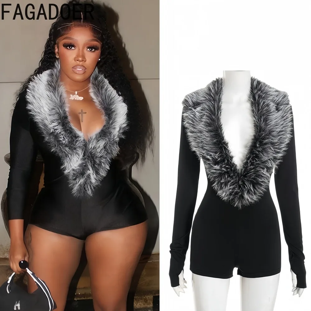 

FAGADOER сексуальные меховые лоскутные облегающие комбинезоны женские однотонные комбинезоны с глубоким v-образным вырезом и длинными рукавами женские вечерние клубные комбинезоны