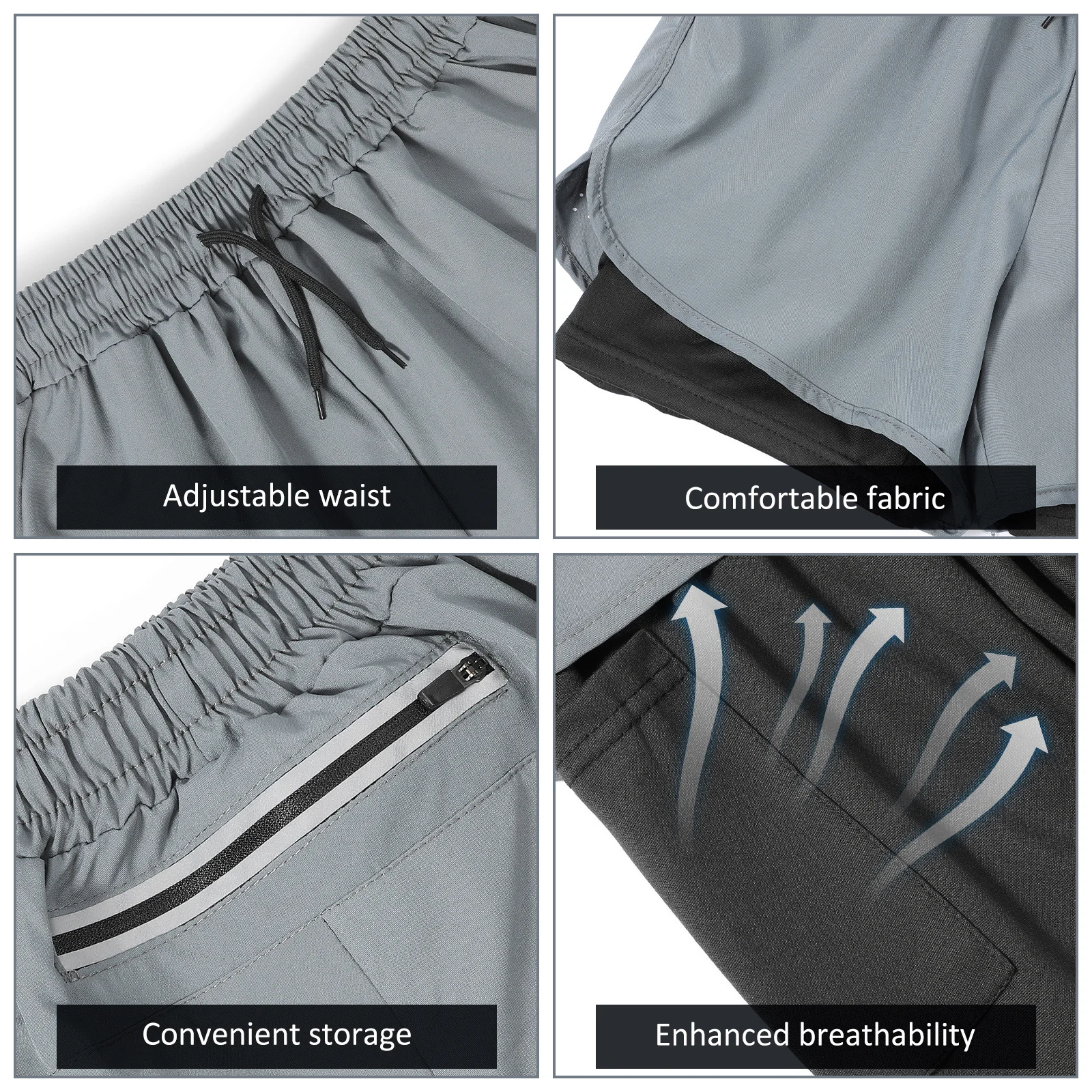 

2 пары мужских шорт для бега, быстросохнущие дышащие спортивные шорты с завязками на талии и карманами на молнии, подкладка для тренажерного зала, фитнеса, бега, уличные шорты