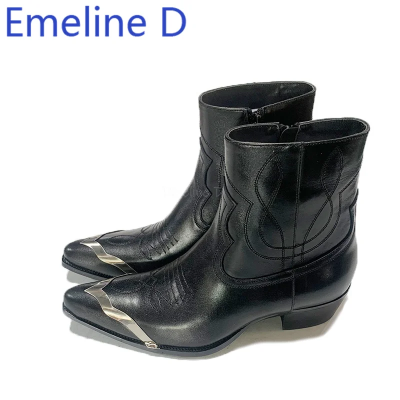 Iron Toed Chelsea Boots Fashionable and Minimalist Style Pointed Side Zipper and Carved Design Low Heel Leather High Top Boots