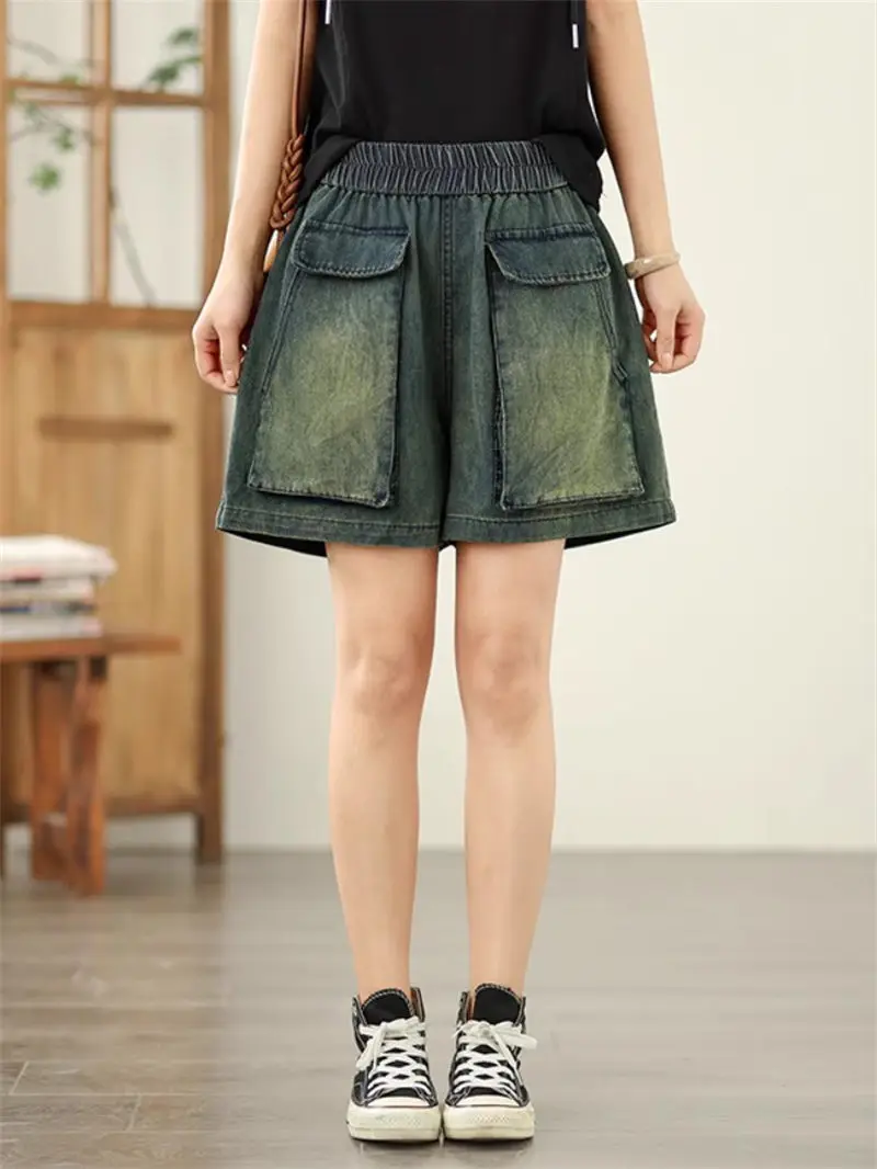 Women's Denim Shorts: Large Pockets, Elastic Waist | Summer Wide Leg A-Line | Slimming Casual (G989)