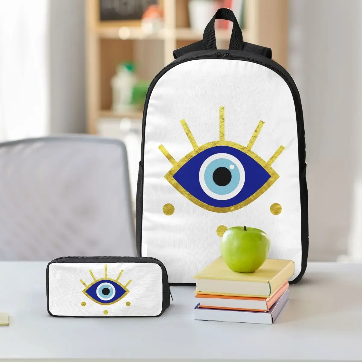Mediterranean Evil Eye Protection, Nazar Backpack Student BookBag School Bag Shoulder Bags 3ps Insulated Lunch Bag Pencil Case