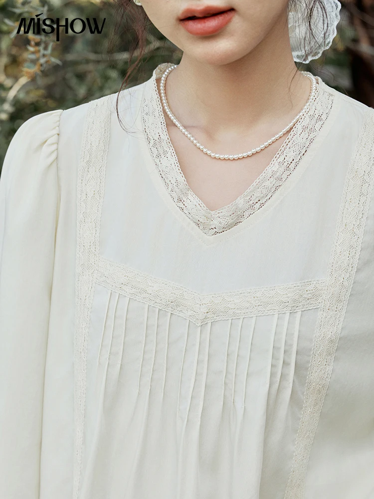 MISHOW Women's Lyocell Blouse 2025 Spring Summer Lace V-neck Commuting Top Puff Sleeve Solid Loose Blouse Office Lady MXE15X1735