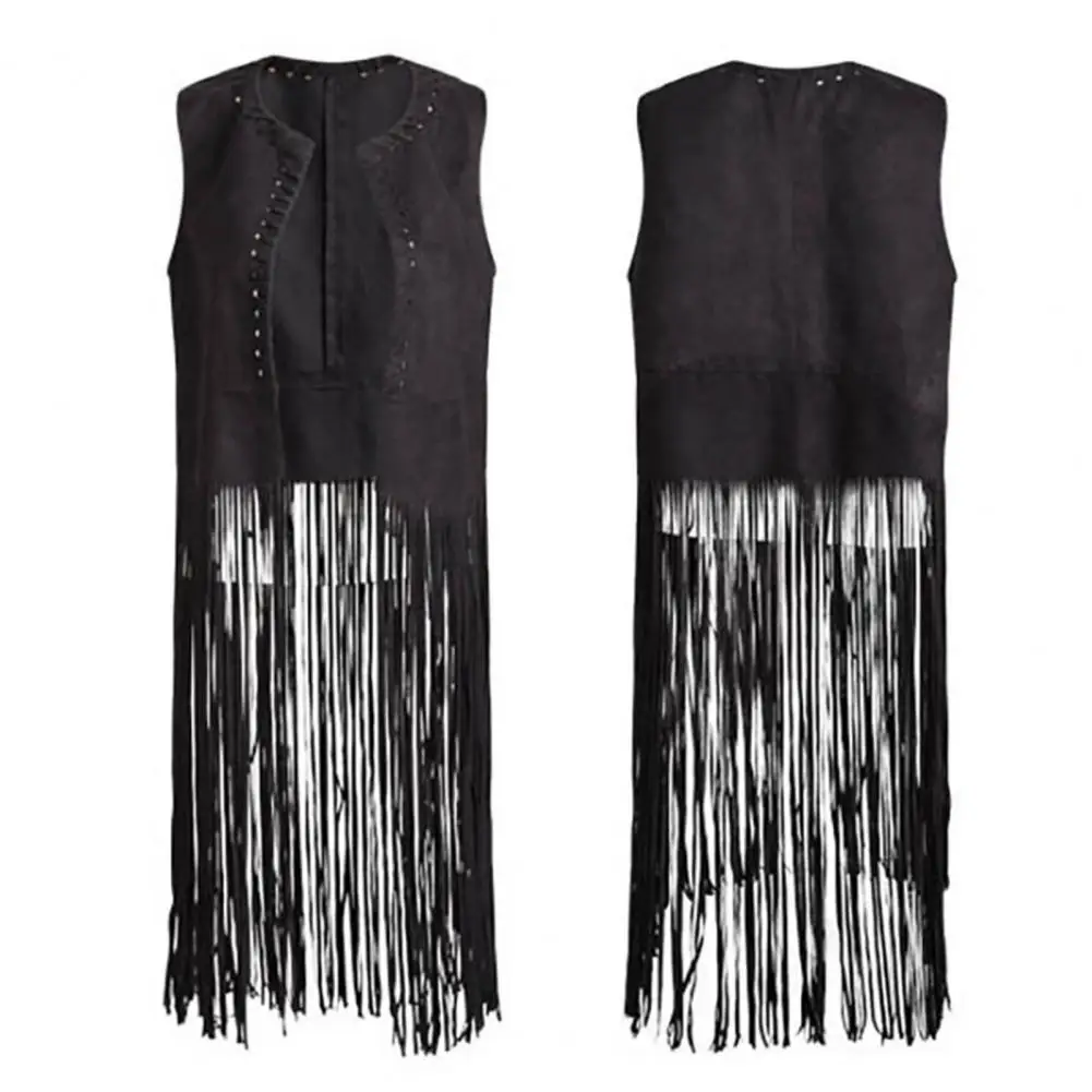 Women Mid Long Vest Vintage Fringed Suede Vest Women's Open Front Hollow Hole Waistcoat Chic Streetwear with Long Tassels Solid