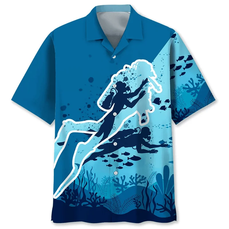 Diving Ocean Hawaiian Shirt For Men Summer Beach 3d Printed Short Sleeves Casual Fashion Tops Oversized Lapel Button Blouse