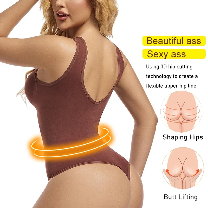 SLIMBELLE Women Bodysuits Round Neck Backless Tank Tops Tummy Control Shapewear with Thong Butt Lifter Seamless Body Shaper