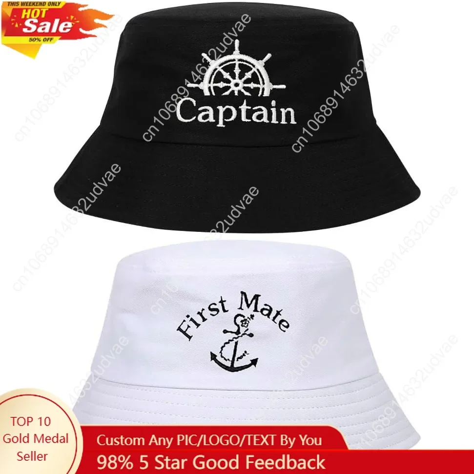 

2 Pcs Matching Captain Hat and First Mate Hats Skipper Boating Bucket Caps Nautical Marine Sailor Embroidered Sun Hat