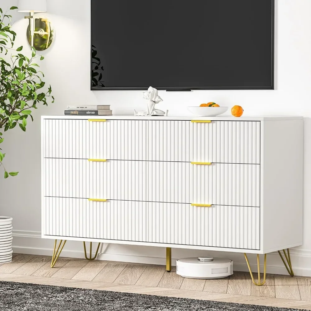 Commode blanche, commode moderne à 6 tiroirs pour chambre à coucher avec poignées dorées, commode large pour le salon