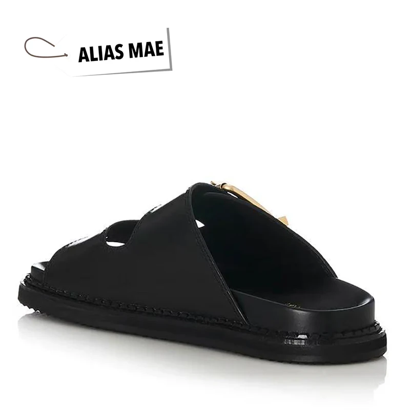 ALIAS MAE2025 Lente Nieuwe Lederen Splicing Stiksels Een Woord Gesp vrouwen Platte Platte Casual Comfortabele Sandalen