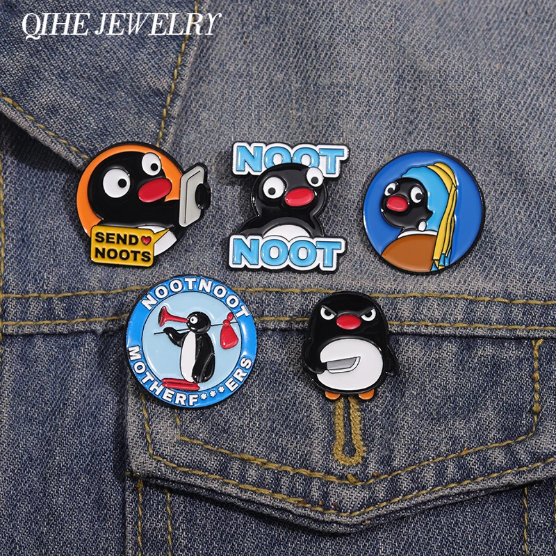 Desenhos animados preto Baby Penguin Esmalte Pin, Pintura a óleo personalizada Enviar Noots Broches, Mochila Lapel Badge, Presente de jóias para amigos