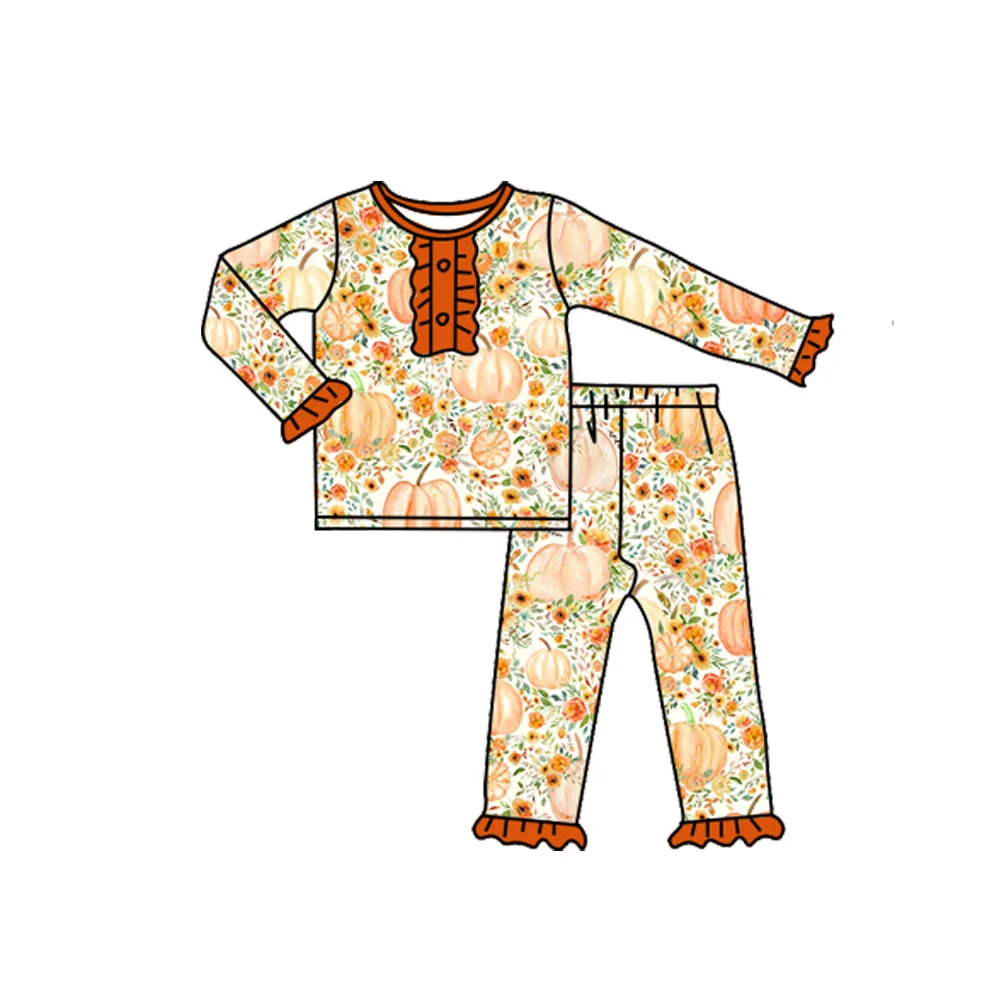 

Wholesale Kids Fall Pumpkin Florals Outfits Watercolor Floral Girl Pajamas Toddler Girls Orange Halloween Pajamas Sets
