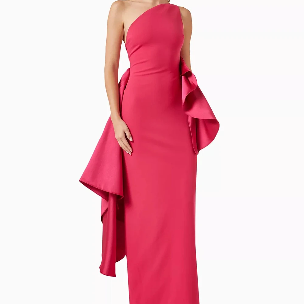 

Elegant Party Dresses Woman One Shoulder Solid Color Panel Train Ruffles Sashes Jersey Straight Dresses For Formal Occasions