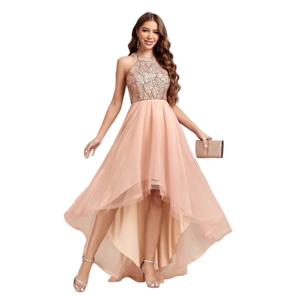 

Sexy Halter Sequined Splicing Mesh High Low Prom Party Dress