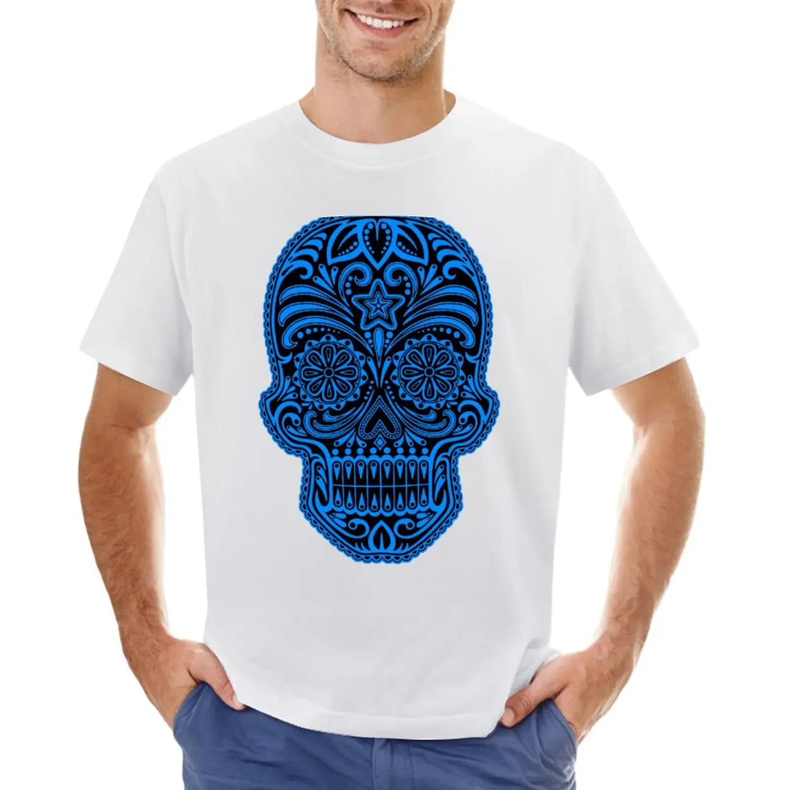 Intricate Blue and Black Sugar Skull T-shirt funnys plus sizes Short sleeve tee quick-drying mens workout shirts