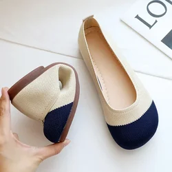 Patchwork Moccasins Shoes Spring Autumn Women  Flat Heel Knitted Ballet Flats Casual Shoes Square Toe Loafers 2024