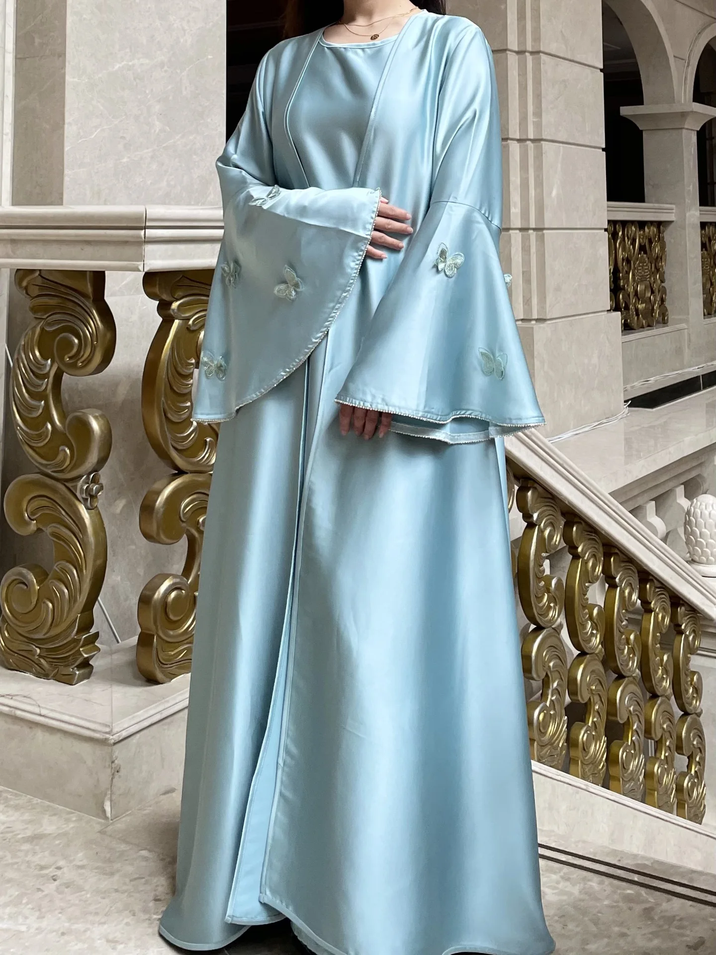 Femmes musulmanes Abaya robe 2 pièces ensemble papillon Satin à lacets marocain Caftan robe intérieure Musulman Ensembles Cadigan tenue costumes