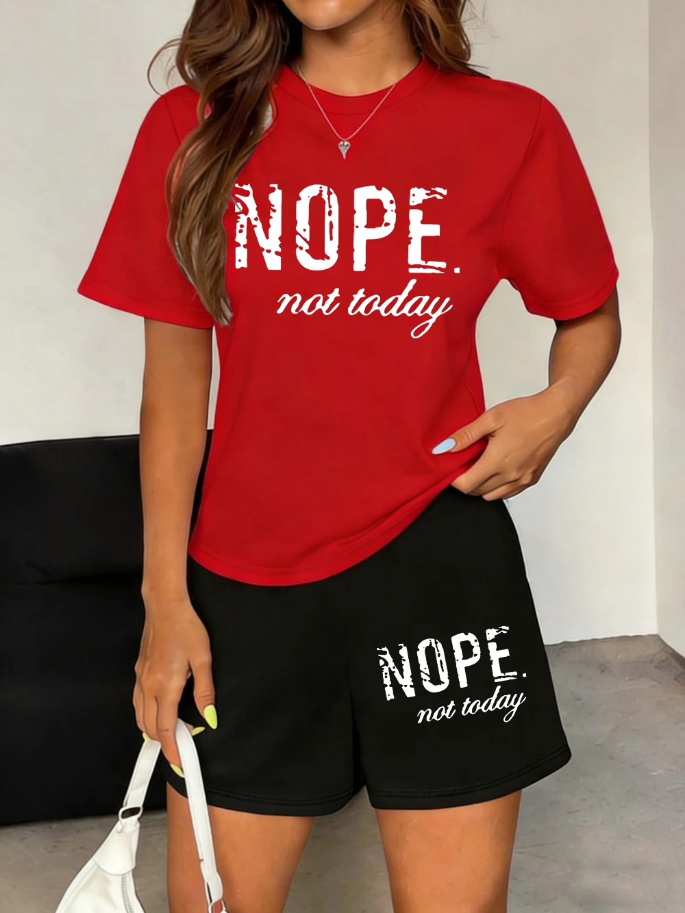 

Nope Not Today Letter Prints Tops Shorts Womens Basic Two Pieces Set T-Shirts Pants Summer Pocket High Waisted Oversized Clothes