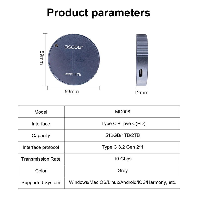 Imagem -05 - Oscoo Ssd Portátil Externo Md008 M.2 Ssd Magnético tipo c Usb3.2 Gen2 Tpye c Pd3.0 100w Carregamento Rápido para Iphone 15pro Pro Max