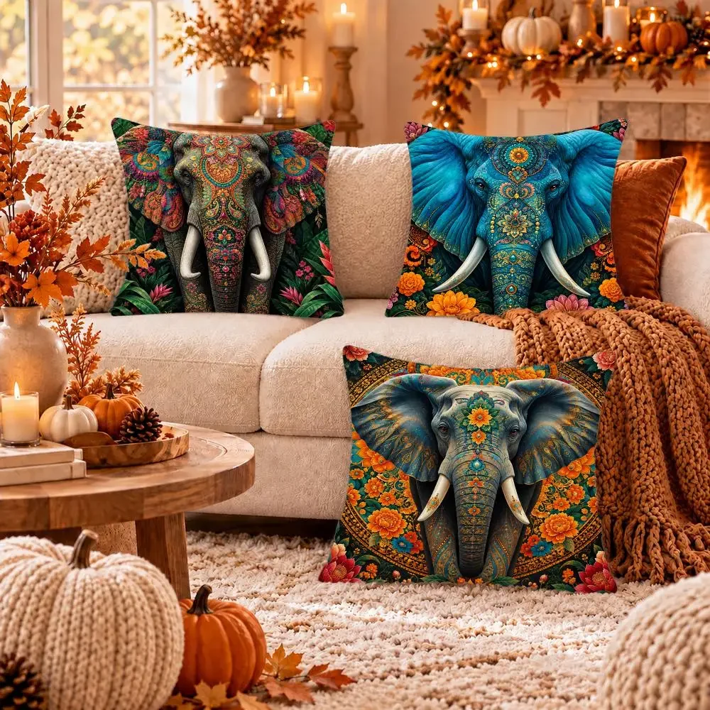 Jewel Temple Elephants Cushion Cover Soft Short Plush Pillow Cover Smooth Cozy Texture Cushion Case Home Decor
