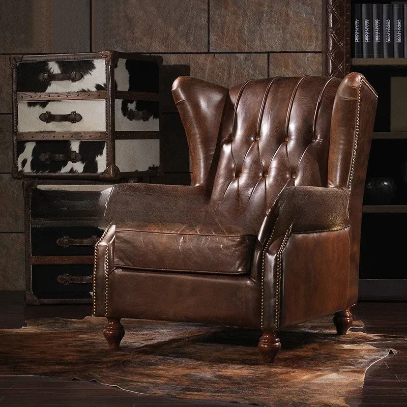 American Leather Tiger Chair Furniture American Log Pull Button Soft Bag Single Hotel High Back Negotiation Sofa