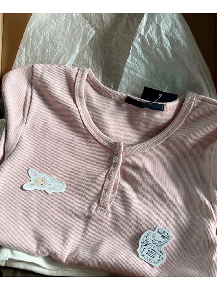 Vintage Button Ribbed Long Sleeve Tees Women Autumn Casual Round Neck Pink Cotton Y2k Tops Vintage Sweet Slim T Shirt For Women