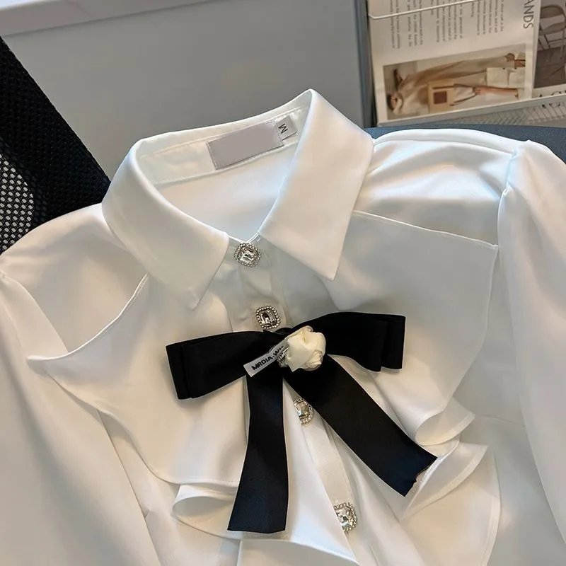 Turn Down Collar Ruffles Patchwork Bowknot Shirts Vintage Court Style Sweet Design Sense Blouses Single-breasted Chic Blusas