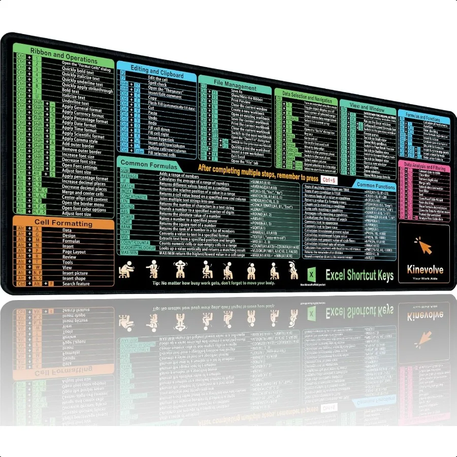 

Коврик для мыши Excel Shortcut Kyes Большой XL Excel Cheat Sheet Настольный коврик для ПК Офисный игровой коврик для клавиатуры Нескользящий лист с ярлыками Mou