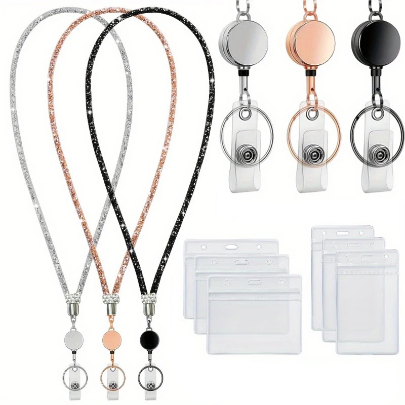 

Rhinestone Retractable ID Badge Lanyard, Bling Rhinestone Work Card Holder With Waterproof ID Case,Keys ID Badge Holder