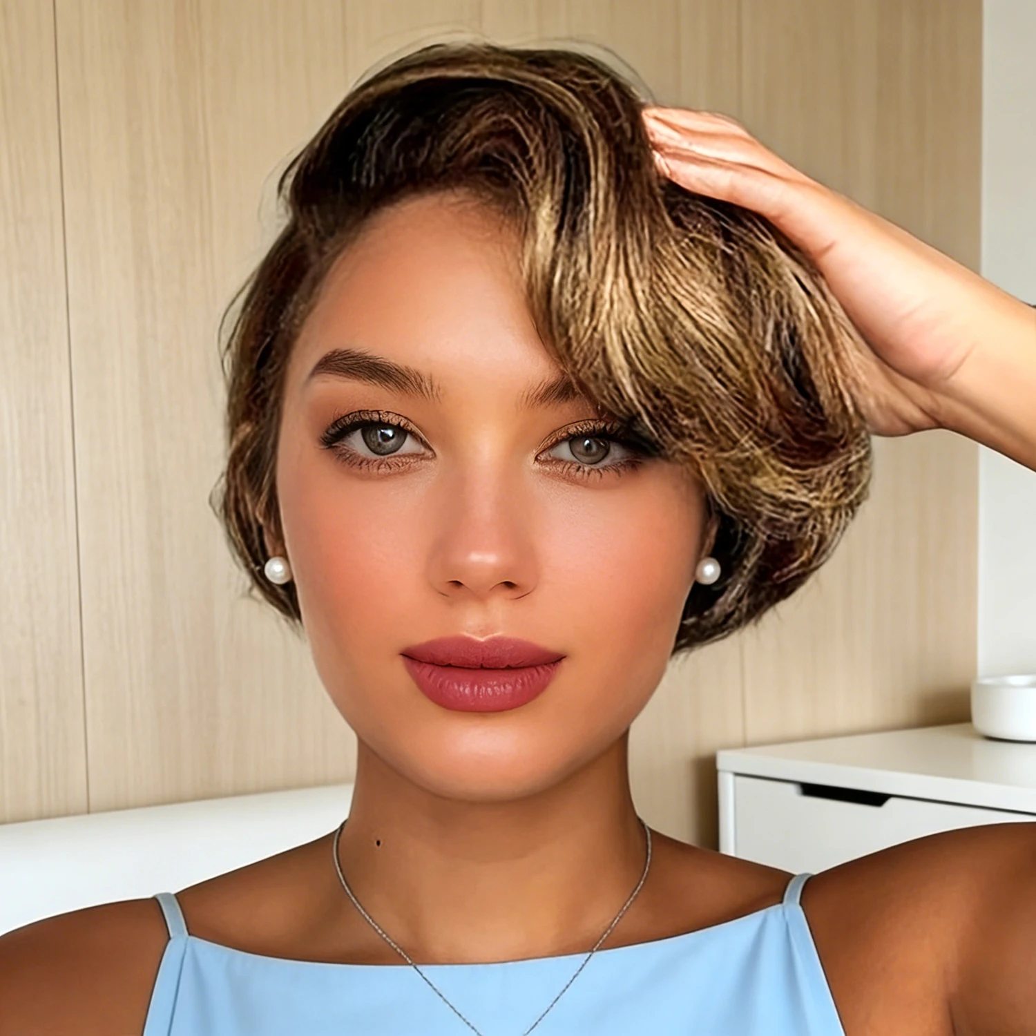 

Pixie Cut Lace Wig Natural Wave Hair 150% Density 13x1 Lace Brazilian Human Hair Wig with Ombre Brown p427
