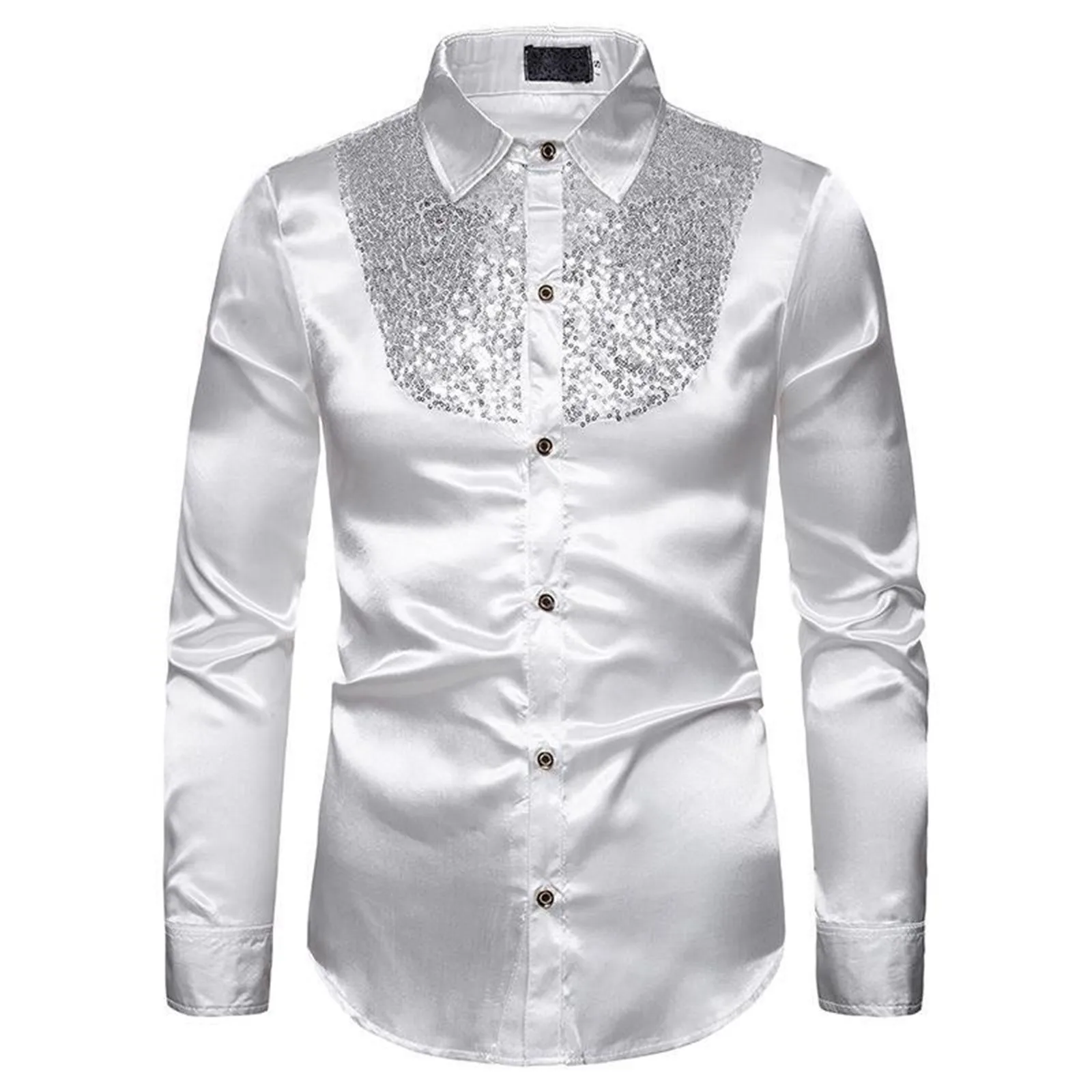 

Men's Shirt Sequined Performance Costume Nightclub Glitter Lapel Long Sleeve Solid Color Button Stage Performance England Blouse