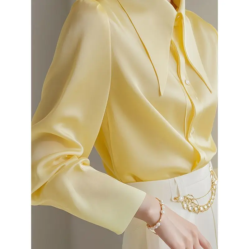 French  yellow big pointed collar long sleeved shirt with a female design , unique, high-end,  spring and autumn