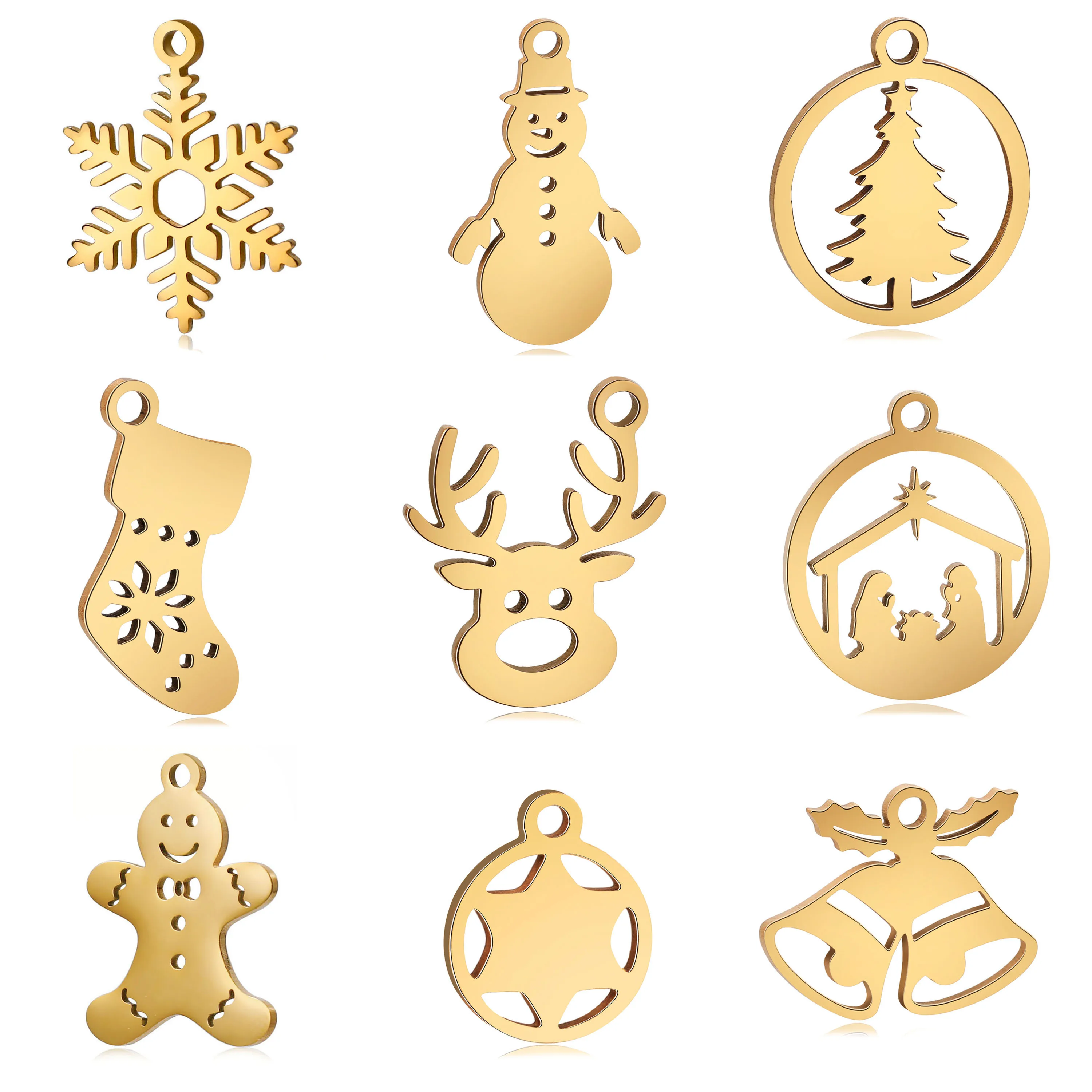 5Pcs Stainless Steel Christmas Boot＆Gingerbread Man＆Snowman＆Bell Charms Pendant For Diy New Year Gifts Jewelry Making Supplies