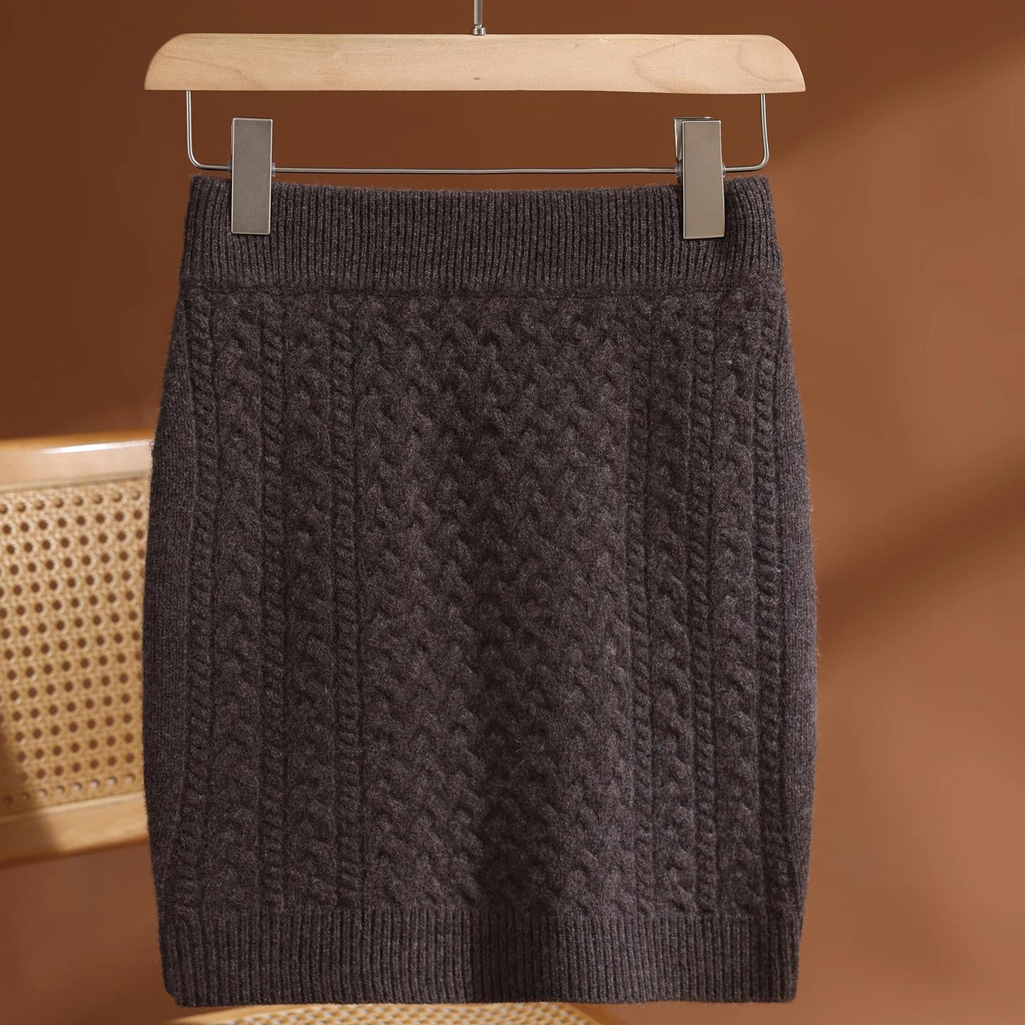 Women 100% Merino Wool Autumn Winter Cable Knit Pencil Skirt Elastic Short Skirt High Waist Thick Warm Mini Soft Knitted Skirt