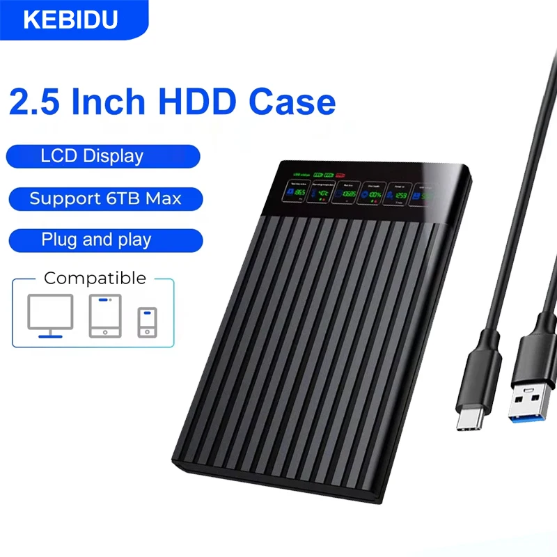 

Корпус для HDD 2.5'' SATA с интерфейсом USB 3.1, внешний бокс для SSD/HDD дисков с ЖК-дисплеем, до 6 ТБ, для ноутбуков и ПК