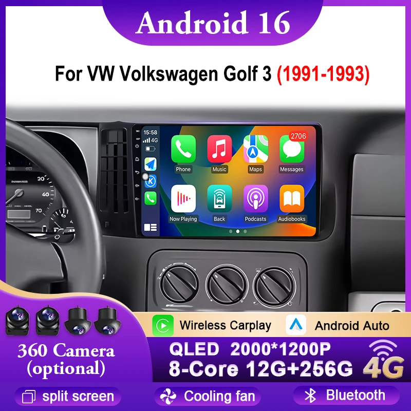 

For VW Volkswagen Golf 3 1991-1993 Android 16 Carplay Car Radio Multimedia 8 CORE IPS QLED Navigation GPS WIFI 4G Bluetooth