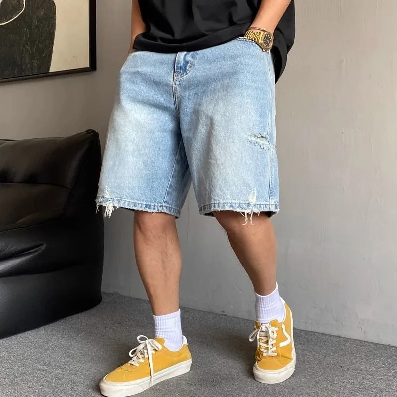 

KIDWHXR Denim Shorts Man Summer Streetwear Hole Gradient Color Men Shorts Thin Loose Straight Washed Versatile Male Shorts
