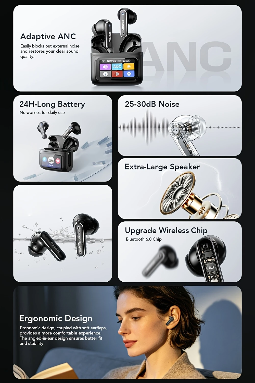 MINISO MS128 Bluetooth-Kopfhörer, geringe Latenz, kabellose Kopfhörer, lange Akkulaufzeit, intelligente Touch-Steuerung, HD-LED-Display, In-Ear-Ohrhörer – Detail 2
