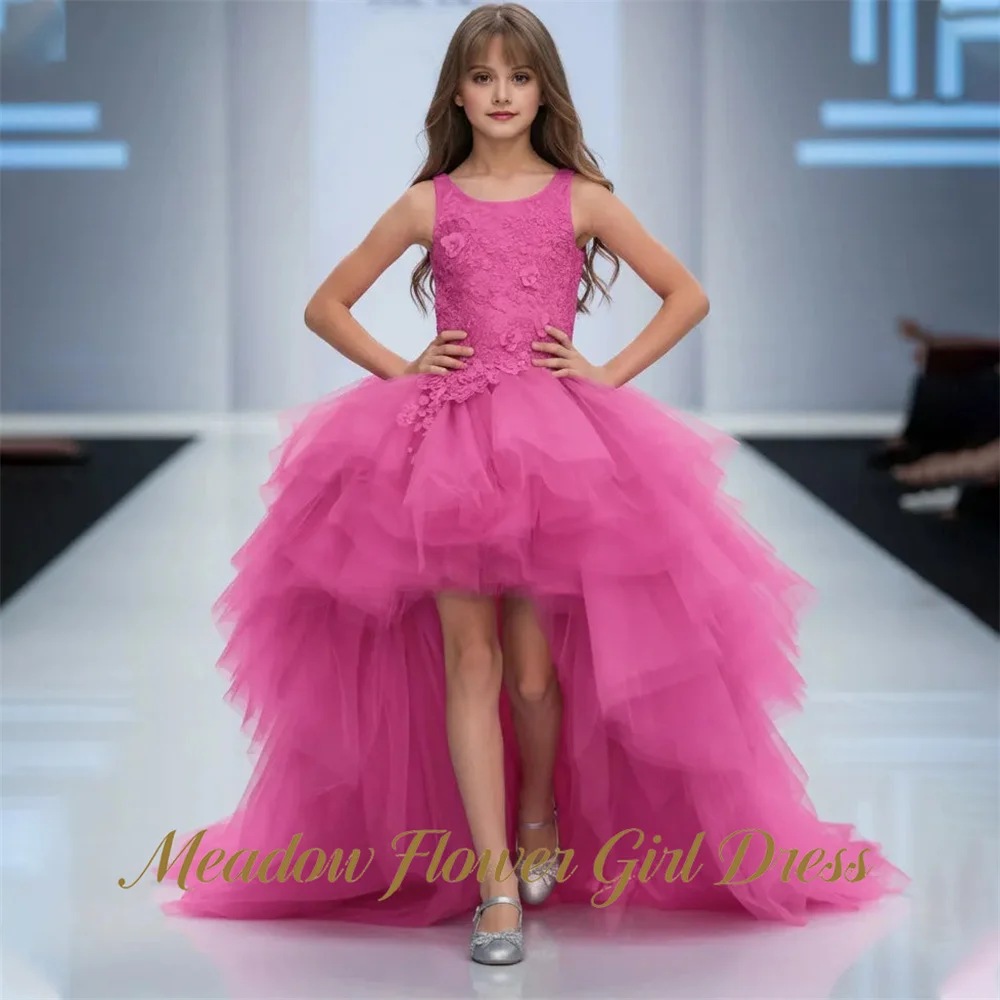 Meadow Long Back Train First Communion Gown High Low Girls Princess Dress 3D Floral Evening Party Dress for Girls Customized