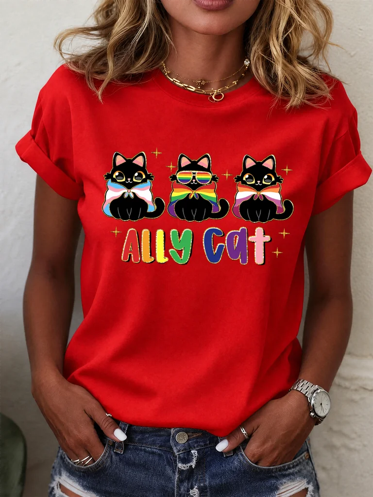 ilstile Ally Cat LGBTQ Pride 2026 Women T-Shirt Funny Black Cat Rainbow Graphic Tee Casual Short Sleeve Summer Top