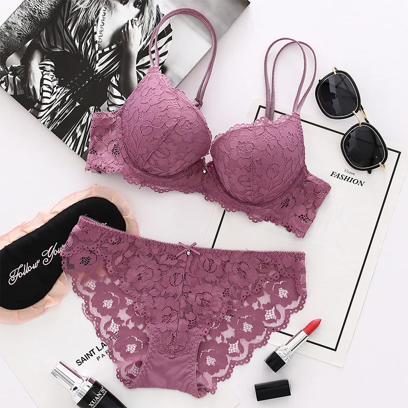 

Sexy Floral Embroidery Girls Lingerie Set Women Thin Transparent Panties Lace Push Up Bra Panty 2 Piece Sensual Bralette Sets